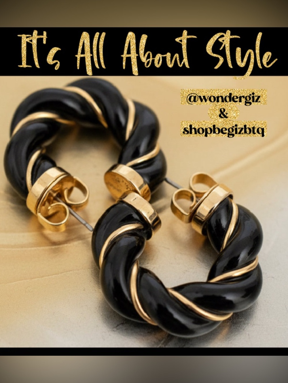 NWT Authentic Tory Burch Black and Gold Textured Rope Hoop Earrings